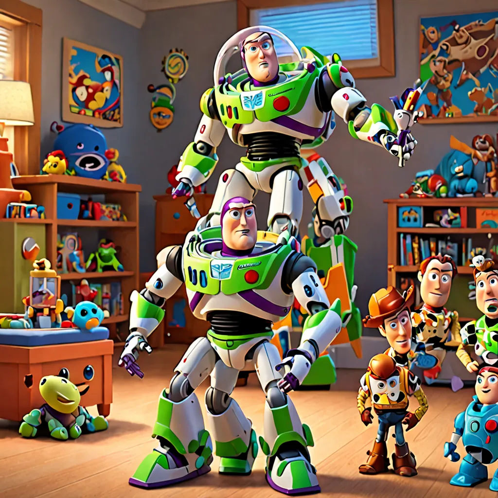 a group of toy story characters in a playroom with toys in the background and a toy story book on the wall, sots art, concept art, Edward George Handel Lucas, pixar and disney animation