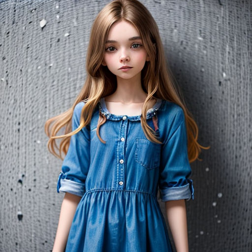 a doll is standing in front of a wall wearing a blue dress and a black purse with a red purse