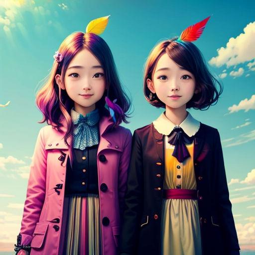 two young girls standing next to each other in front of a blue sky with clouds and sun beams behind them