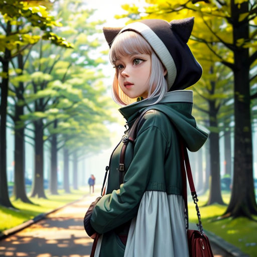 a woman in a green dress and a cat hat is standing on a path in a park with trees