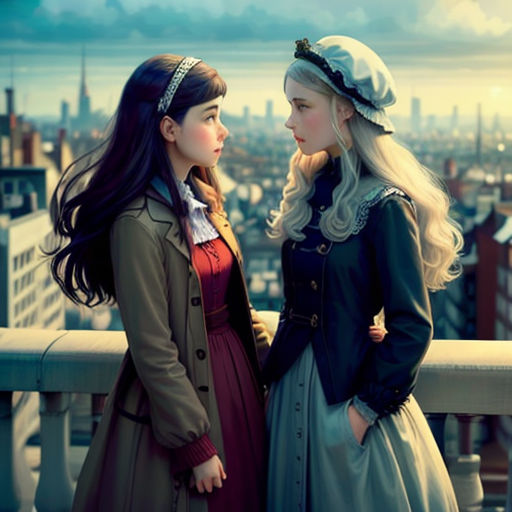 two women standing next to each other on a balcony looking at each other with city in the background and clouds in the sky