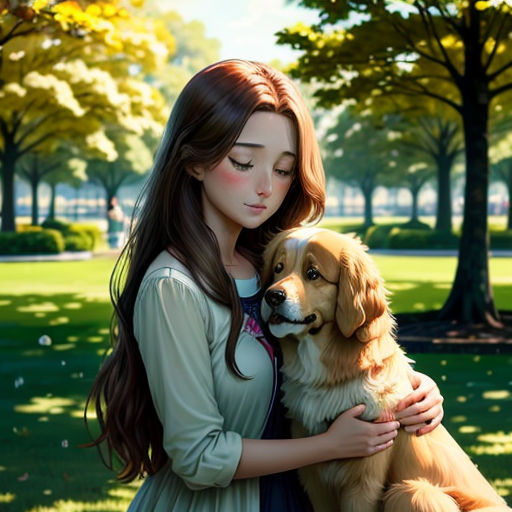 a woman holding a dog in a park with trees in the background and grass in the foreground, and a park with trees and grass, and grass,