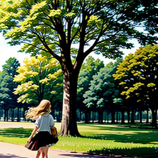 a girl walking down a sidewalk in a park with trees in the background and a dog on the sidewalk