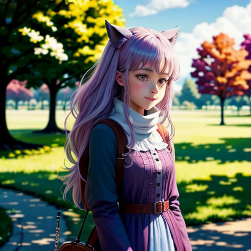 a woman with long hair and a cat ears outfit is standing in a park with trees and grass in the background