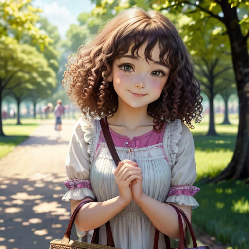 a little girl holding a brown purse in a park with trees and grass in the background and a woman walking down the street
