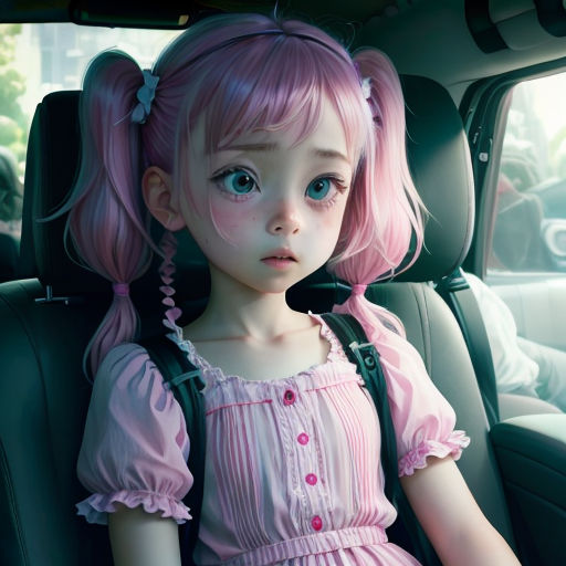 a little girl with pink hair sitting in a car seat with a pink dress on and a pink bow
