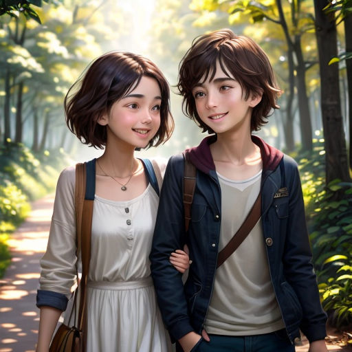 a couple of people standing next to each other in a forest with trees and bushes behind them and a path