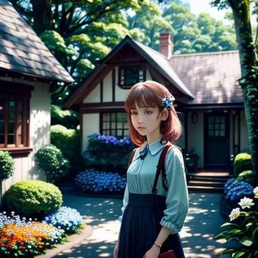 a woman standing in front of a house with a purse on her shoulder and a purse on her shoulder
