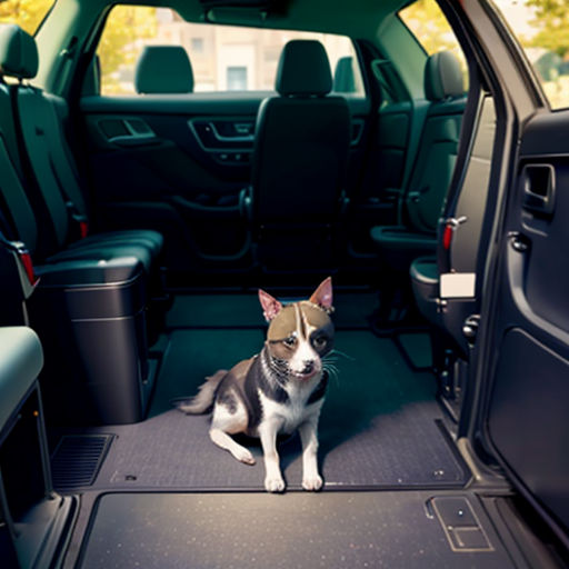 a dog sitting in the back of a truck with its trunk open and a dog sitting in the back of the truck