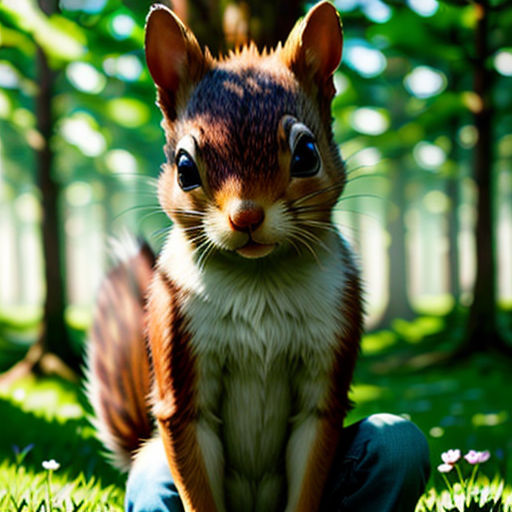 a squirrel sitting on top of a lush green field next to a forest filled with trees and grass covered in leaves