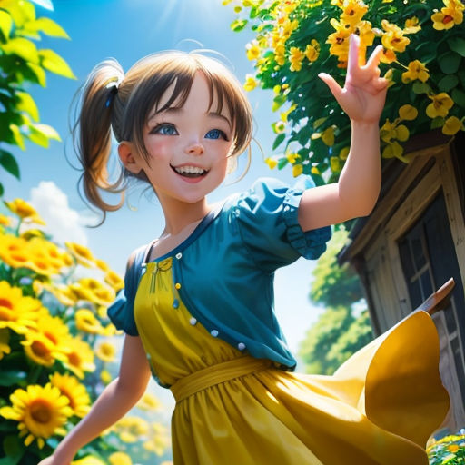 a girl in a yellow dress is standing in a garden with flowers and a birdhouse in the background