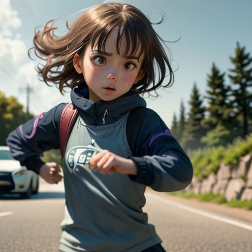 a young girl running down a street next to a car and a forest in the background with a blue sky