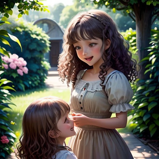 a painting of two girls in a garden with flowers and trees in the background, one of them is touching the other's cheek
