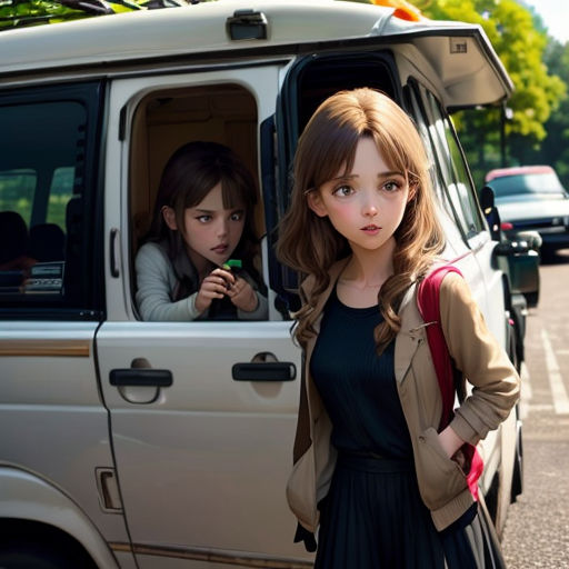 two girls are standing in the back of a car and one girl is looking out the window and the other girl is looking out the window