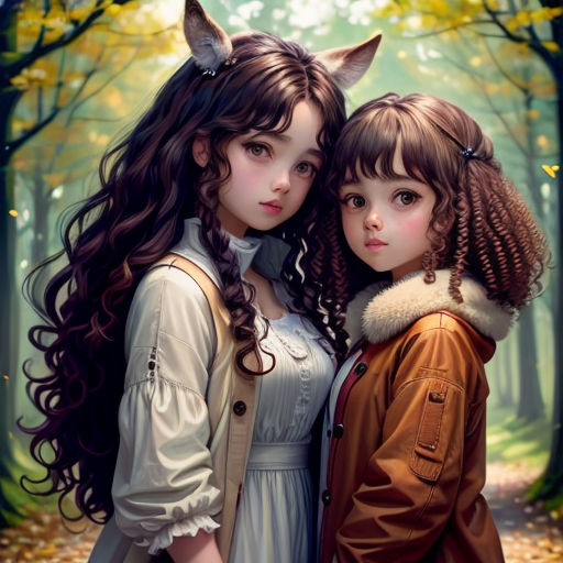 two girls are standing in the woods with their heads close together, one is wearing a brown jacket and the other is wearing a white dress
