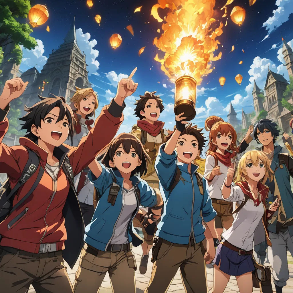 a group of people standing around each other in front of a fireball with a sky background and a sky full of clouds, sots art, a poster, Ai-Mitsu, anime key visual