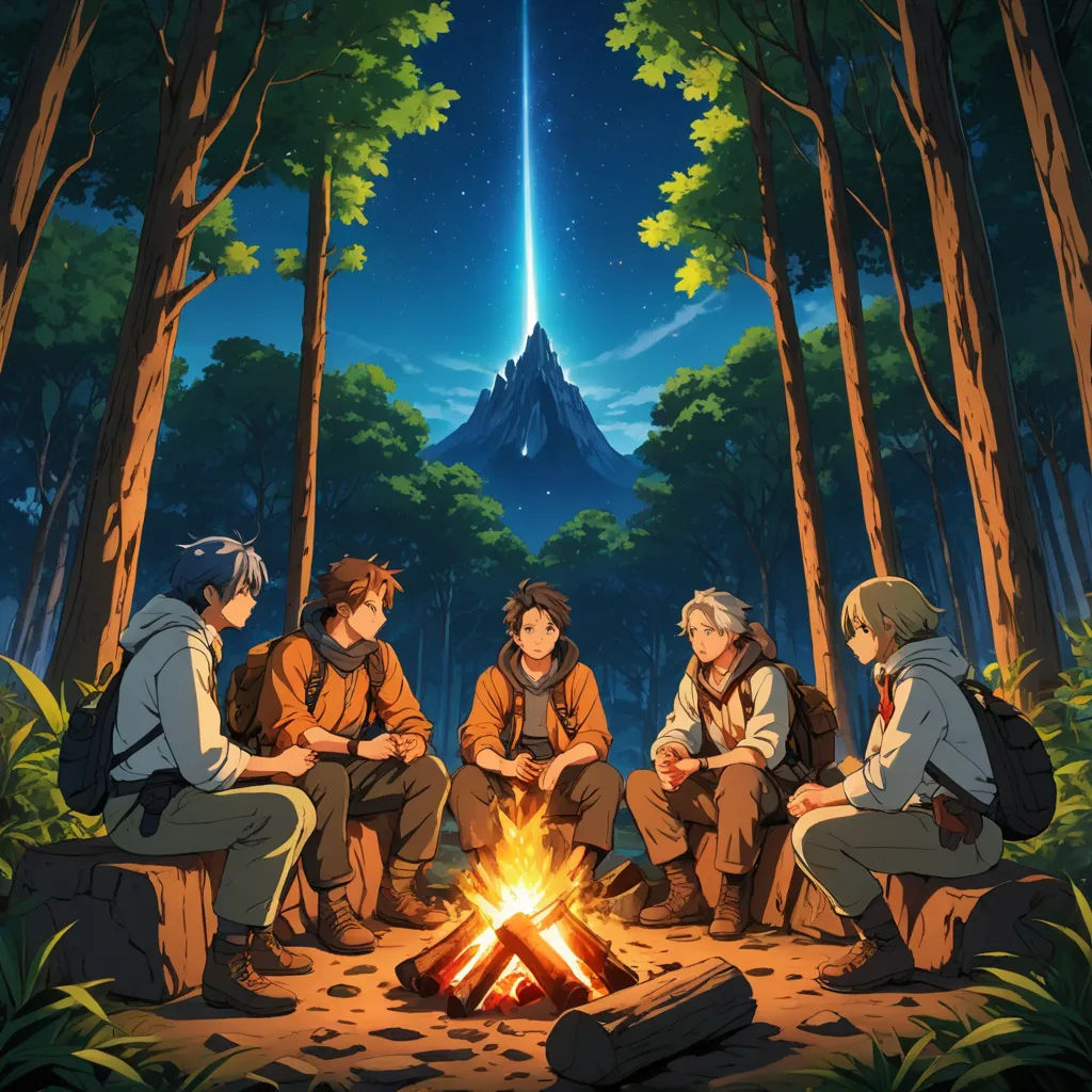 a group of people sitting around a campfire in the woods at night with a bright beam of light, sots art, a poster, Aya Goda, official art
