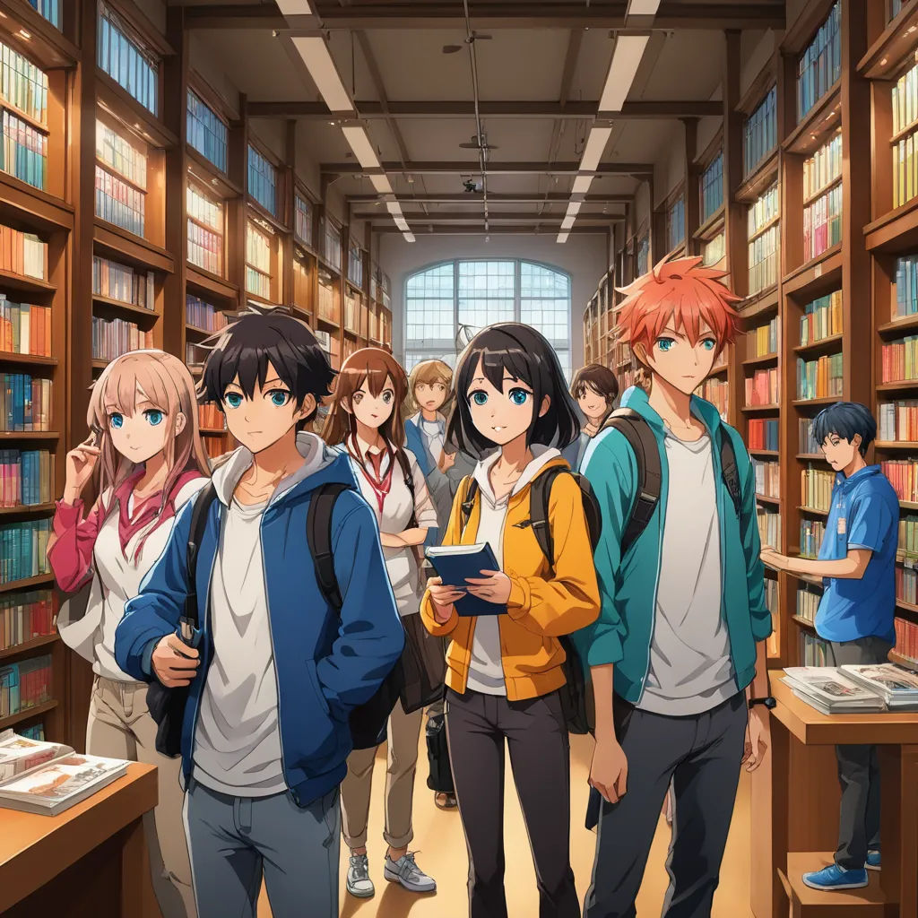 a group of people standing in a library with bookshelves full of books and bookshelves full of books, rayonism, poster art, Ai-Mitsu, anime key visual