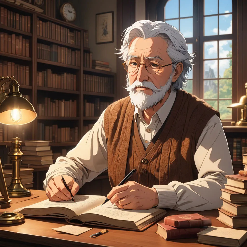 a man sitting at a desk with a book and pen in his hand and a lamp on the desk, academic art, a detailed matte painting, Anne Said, official art