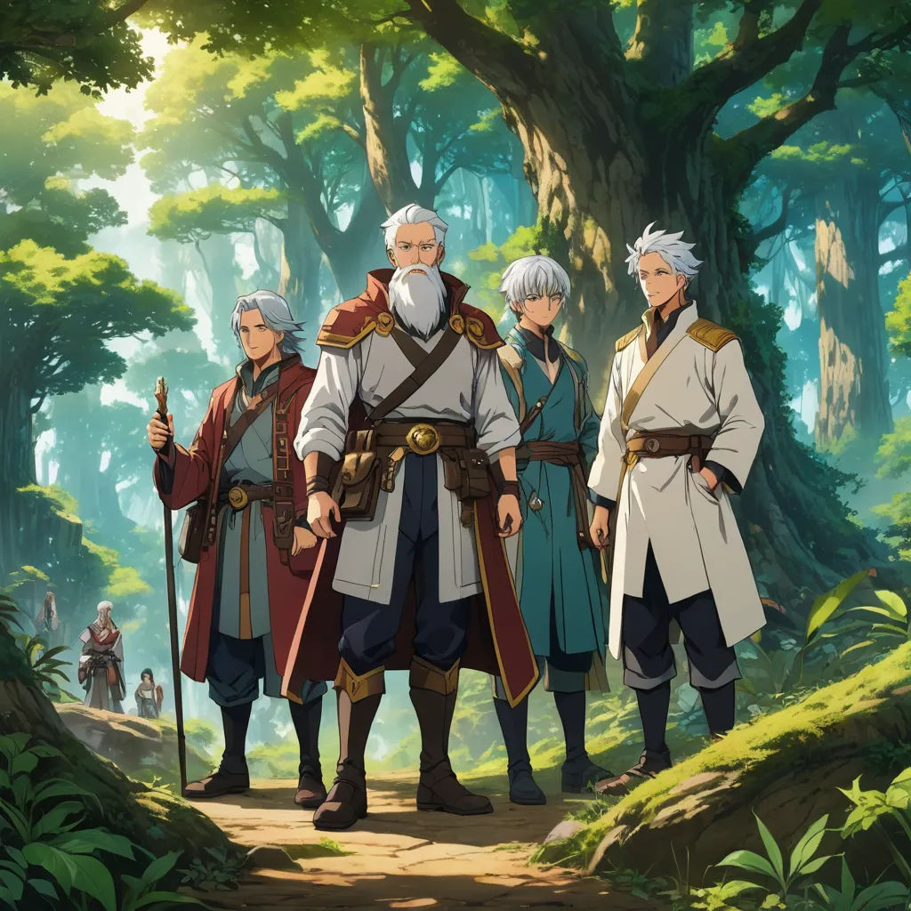 a group of people standing in the woods together in front of a tree filled forest with lots of leaves, rayonism, an album cover, Baiōken Eishun, official art