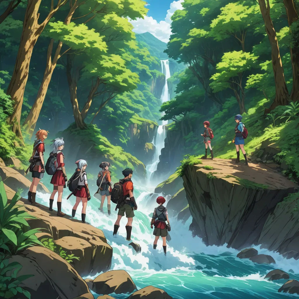 a group of people standing on top of a cliff near a river in a forest with a waterfall in the background, sots art, poster art, Aya Goda, official art