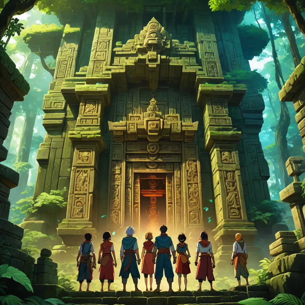 a group of people standing in front of a building in the woods with a giant doorway in the background, samikshavad, poster art, Andreas Rocha, rossdraws global illumination