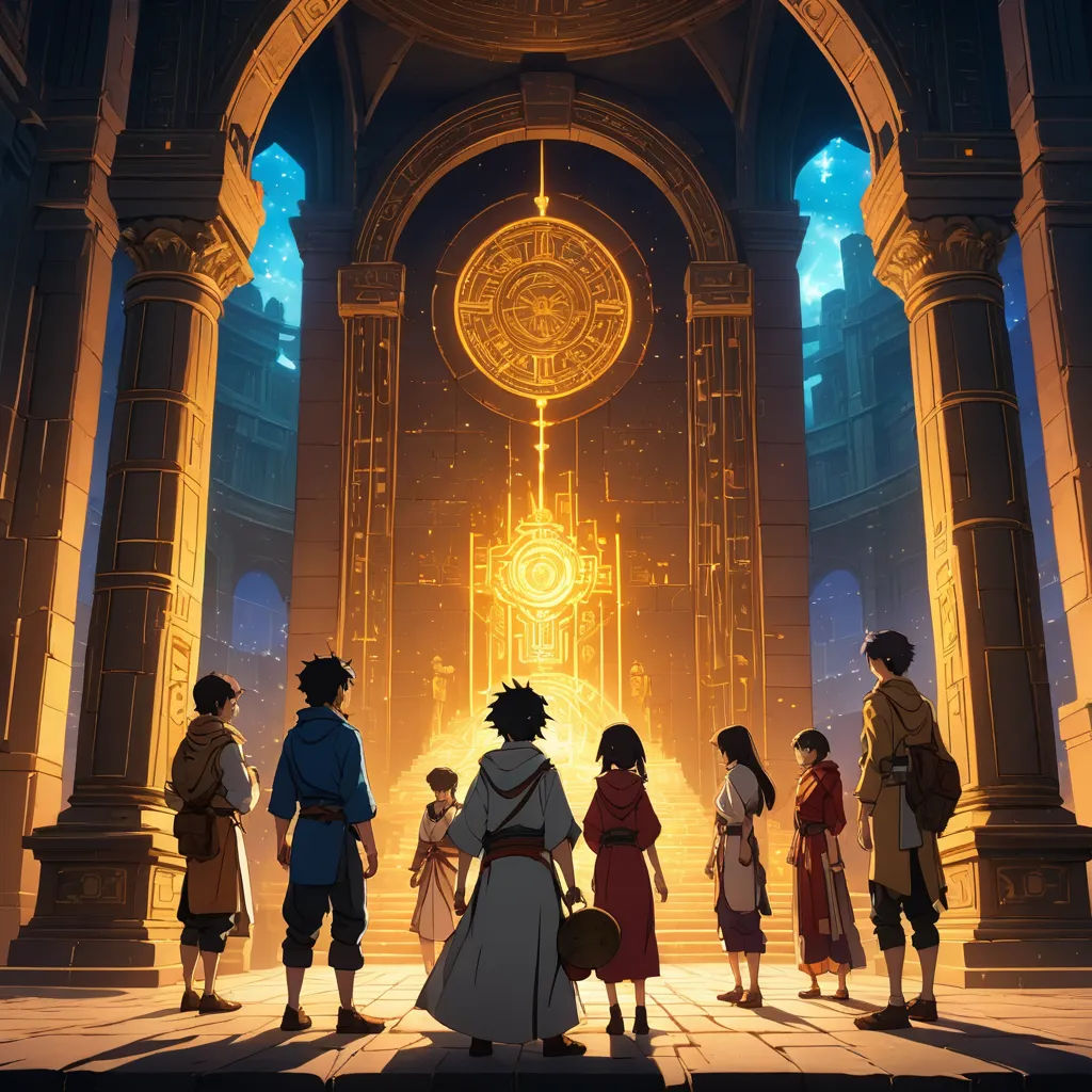 a group of people standing in front of a clock tower in a city at night time with a yellow light, rayonism, concept art, Cedric Seaut (Keos Masons), ufotable