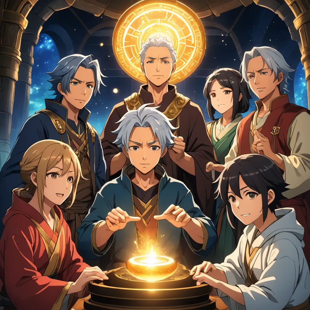 a group of people standing around a table with a glowing item in it's hands and a glowing object in the middle, sots art, an album cover, Baiōken Eishun, official art