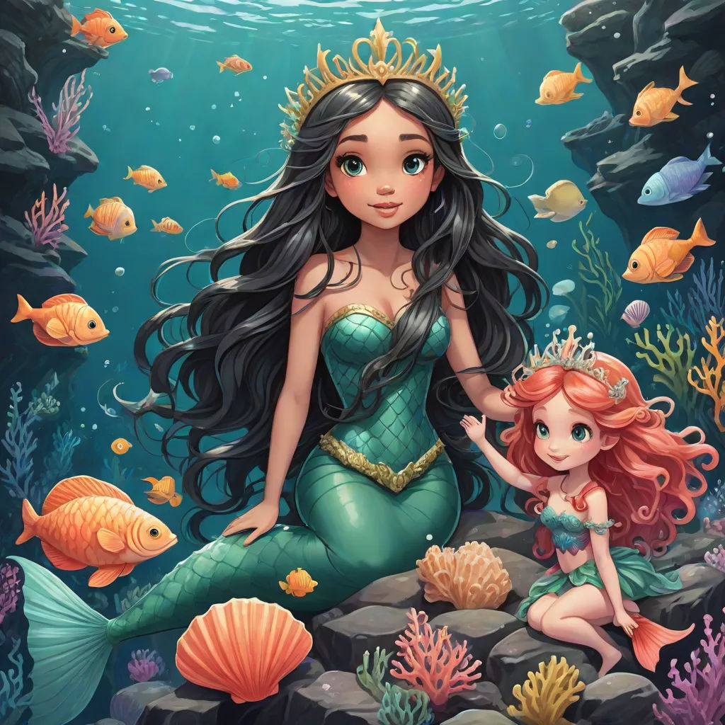 a mermaid and a little girl sitting on rocks under the water with fish and corals around them, under a blue sky, Artgerm, pop surrealism, a storybook illustration, highly detailed digital painting