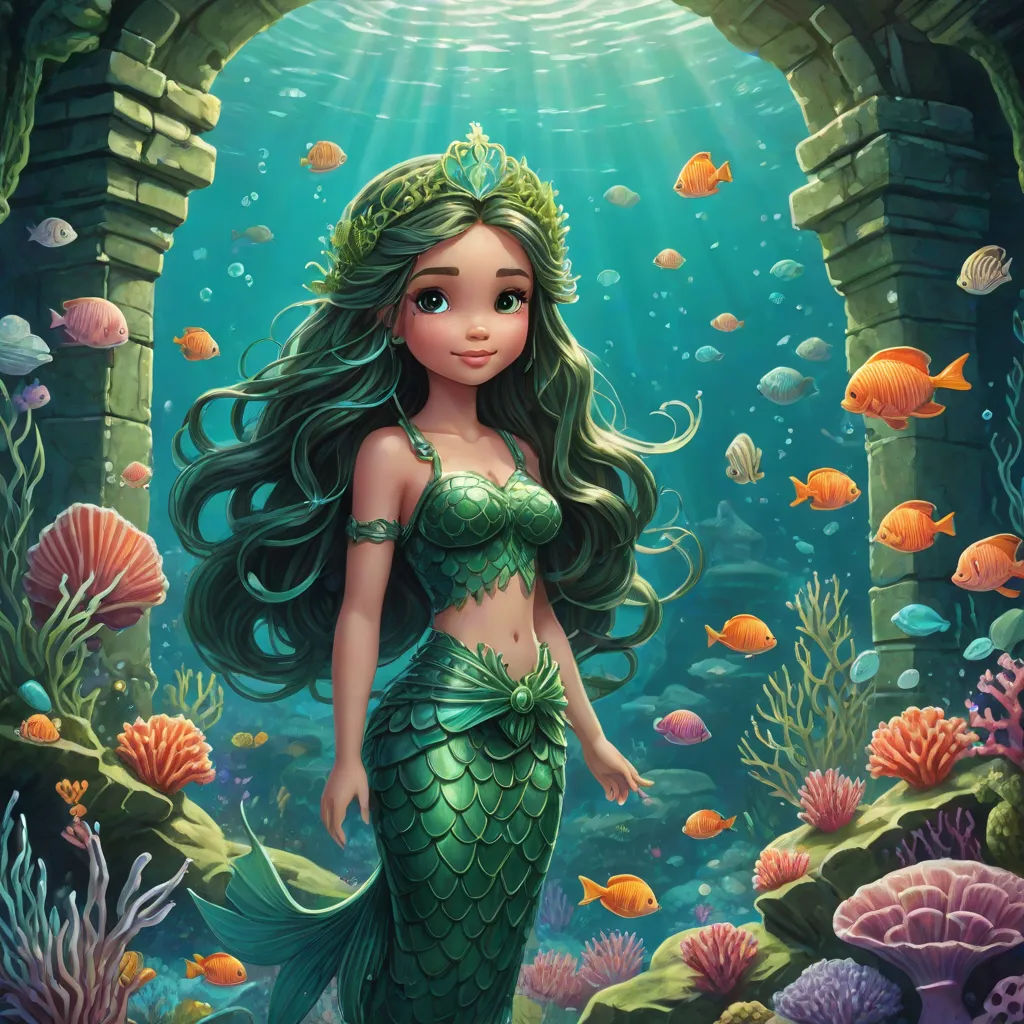 a mermaid with long hair standing in a underwater cave with fish and corals around her, and a light shining above her, Anne Stokes, fantasy art, a storybook illustration, kinkade