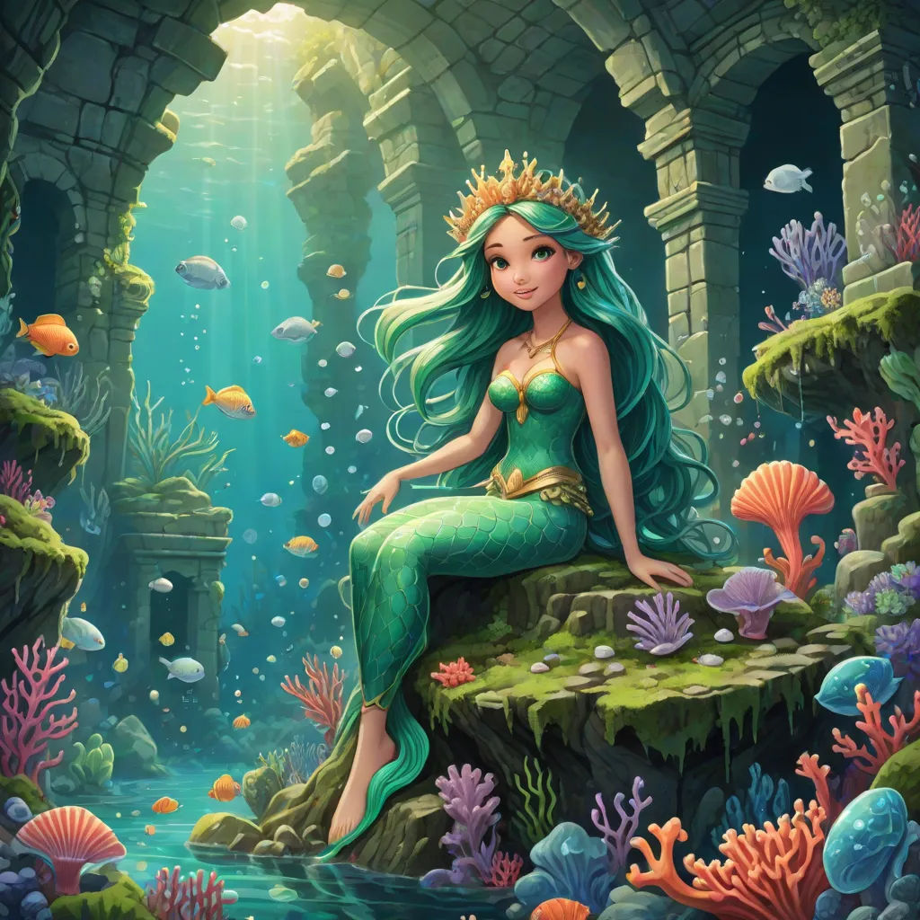 a mermaid sitting on a rock in a underwater cave with fish and corals around her, with a light shining on her, Cliff Childs, fantasy art, a storybook illustration, rossdraws global illumination