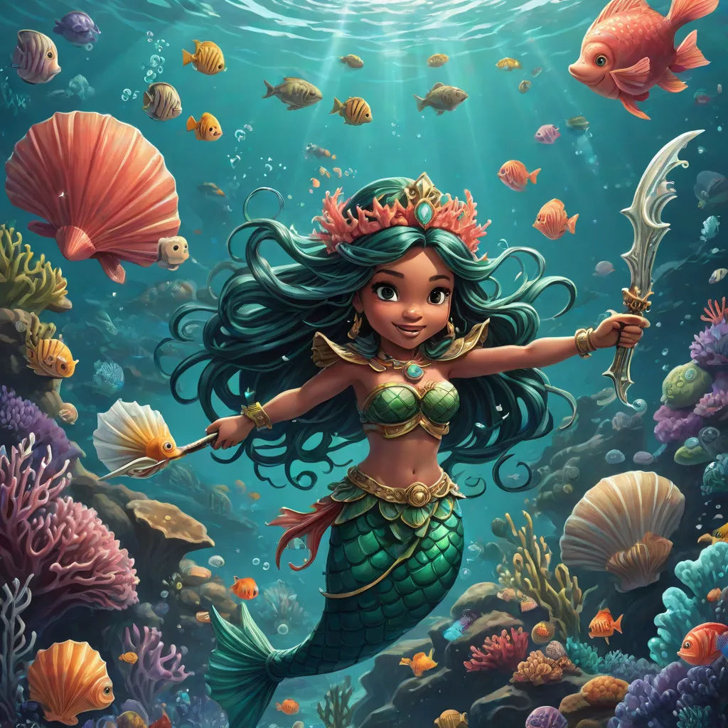 a mermaid with a sword and a fish in her hand is standing in the water with a fish in her hand, Anne Stokes, fantasy art, a storybook illustration, rossdraws global illumination