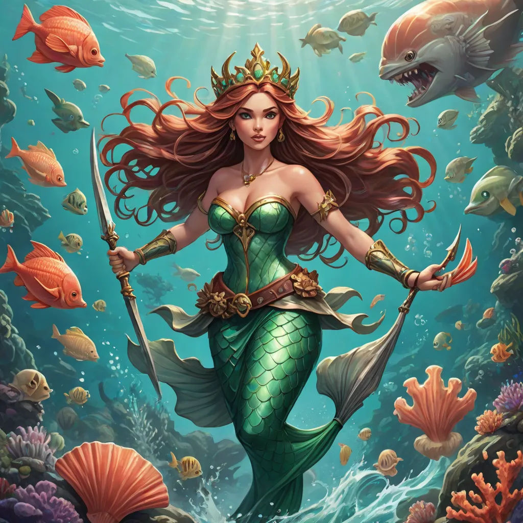 a mermaid with a spear and a fish in her hand is standing in the water with a fish in her hand, Art of Brom, fantasy art, a detailed painting, league of legends splash art