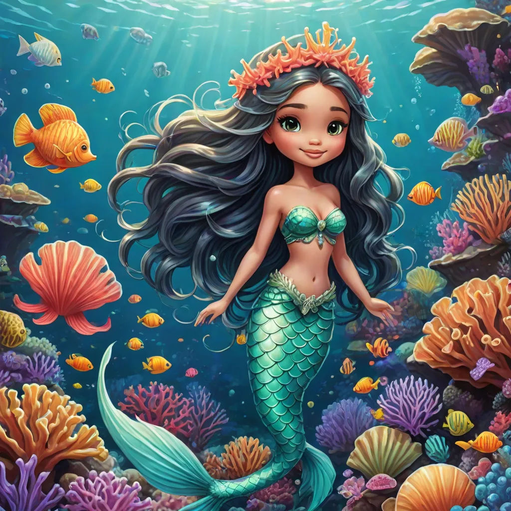a mermaid with long hair and a crown on her head is standing in the water surrounded by corals, Daphne McClure, pop surrealism, a digital rendering, highly detailed digital painting