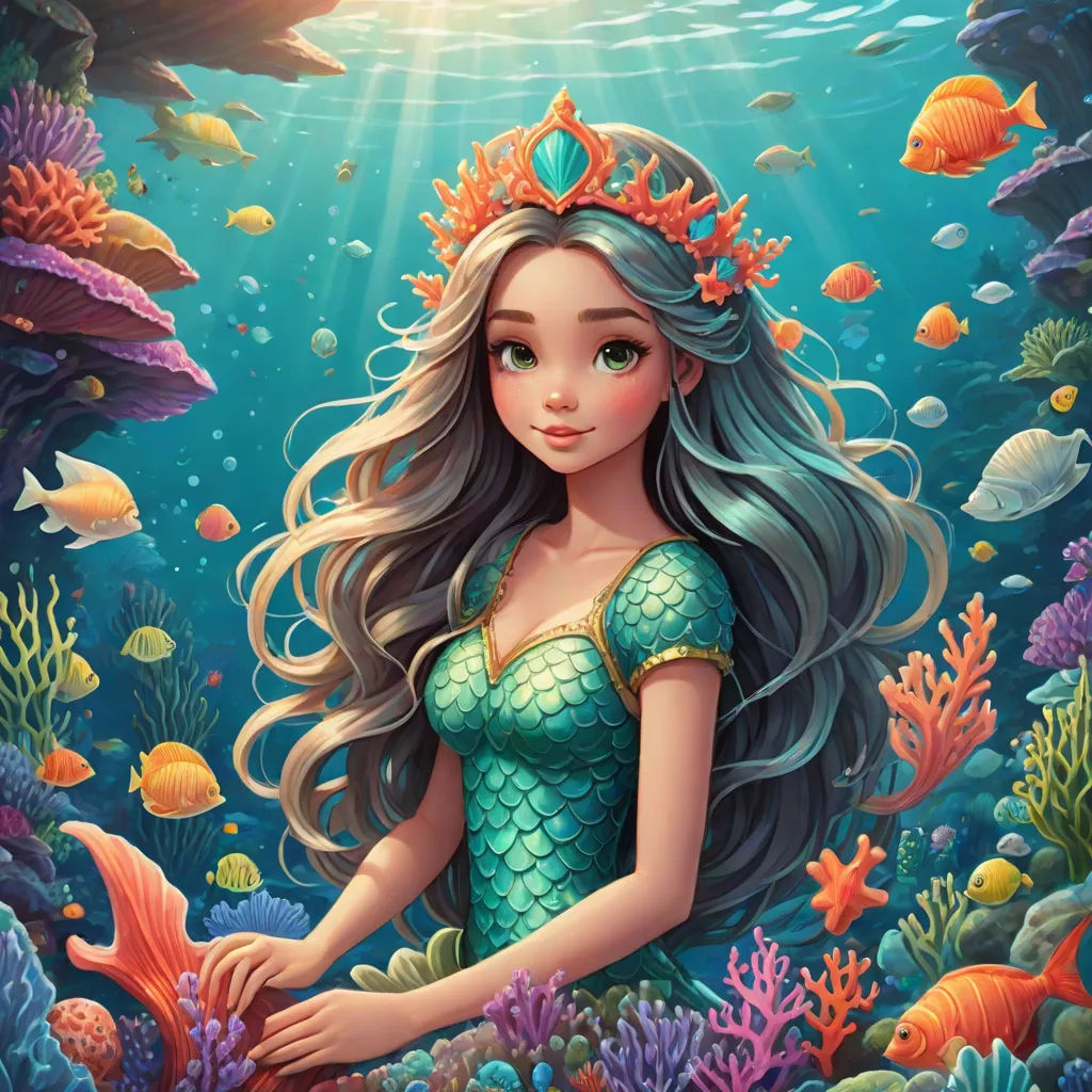 a mermaid with long hair and a crown on her head is sitting in the water surrounded by corals, Anna Dittmann, fantasy art, a storybook illustration, highly detailed digital painting