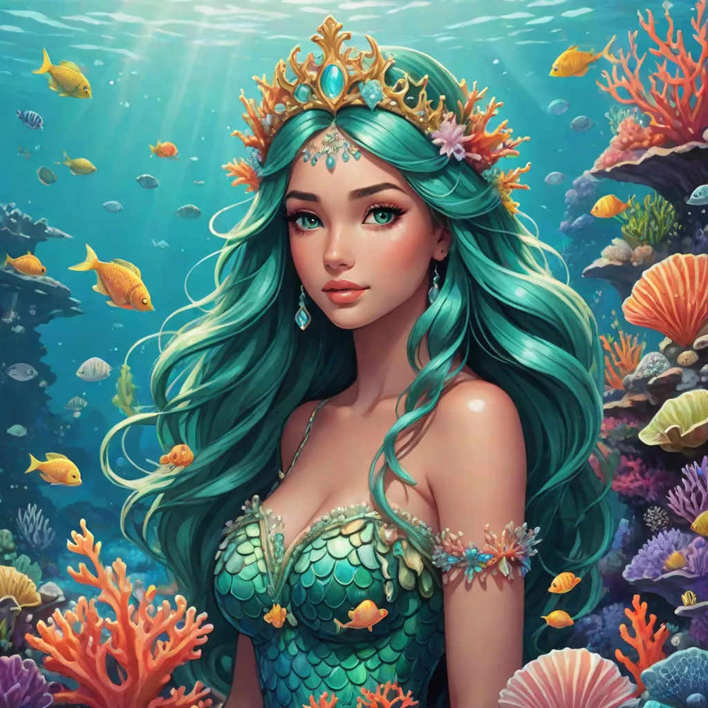 a beautiful mermaid with green hair and a tiara under the water with fish and corals around her, Artgerm, fantasy art, a detailed painting, rossdraws global illumination