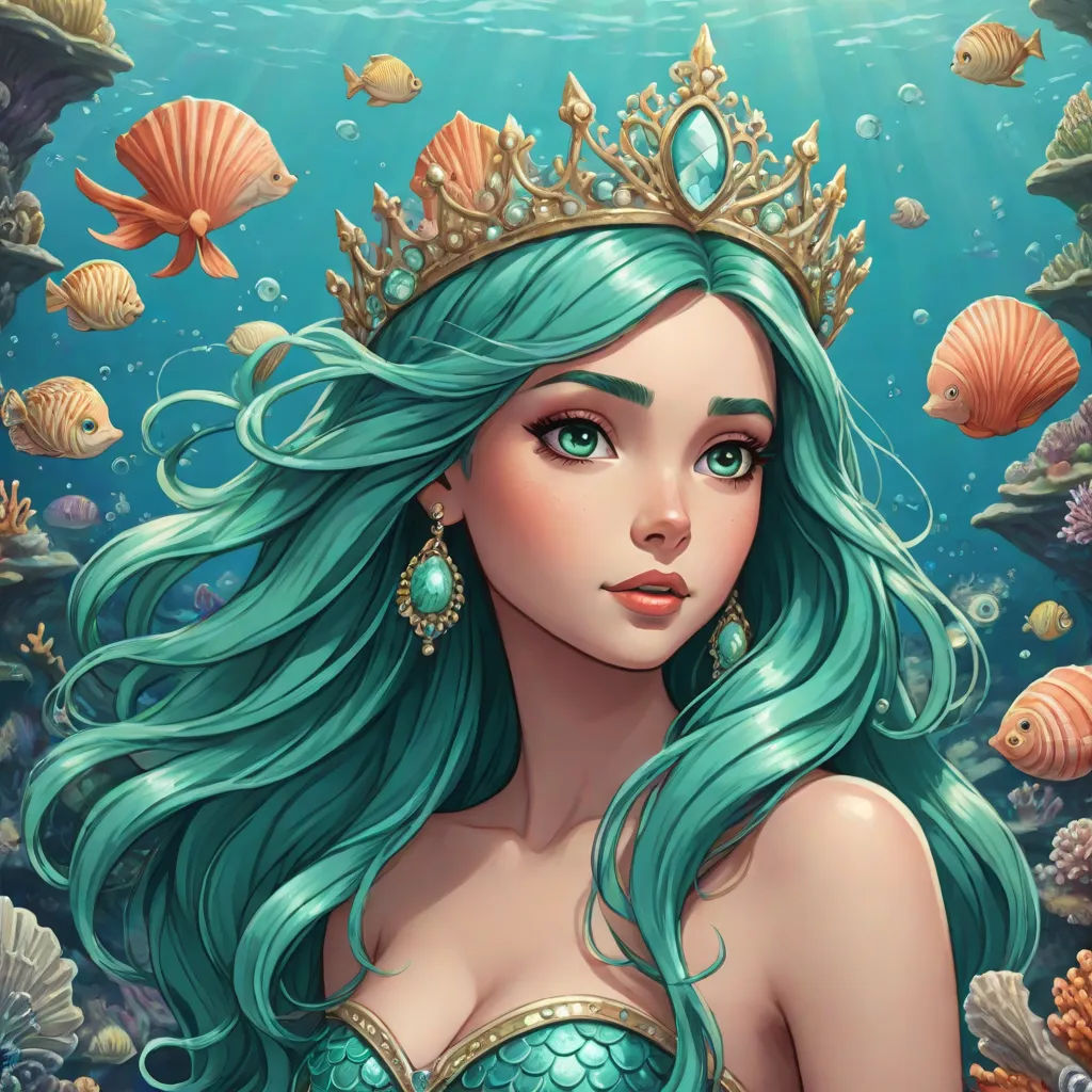 a beautiful mermaid with blue hair and a tiara under the water with fish and corals around her, Artgerm, fantasy art, a detailed painting, ocean