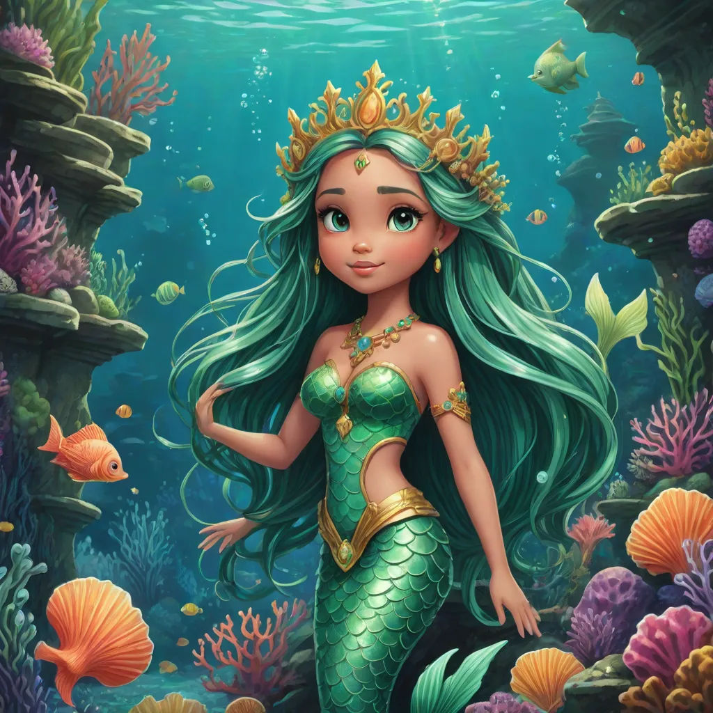 a mermaid with a crown standing in the water with a fish in her hand and a fish in her hand, Cliff Childs, pop surrealism, a digital rendering, rossdraws global illumination