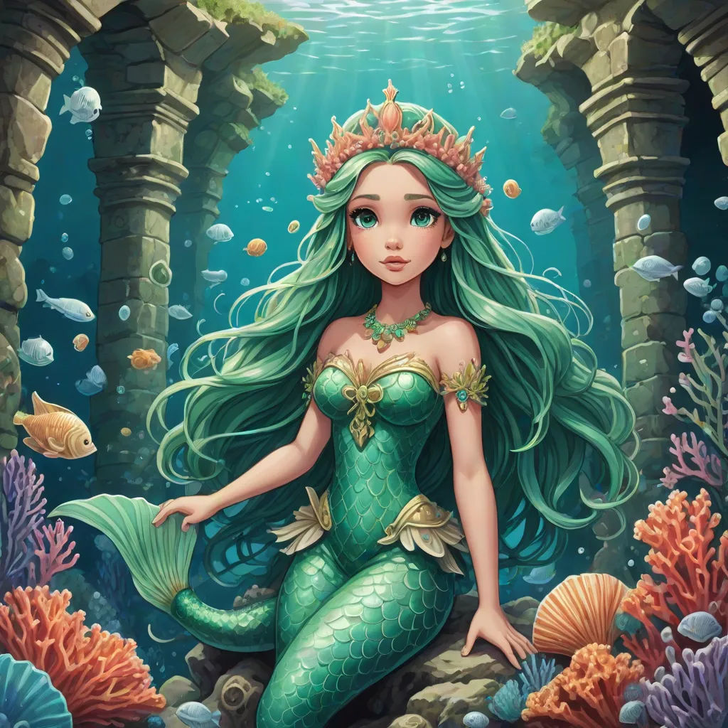 a mermaid sitting on a rock under water with a crown on her head and a fish in her hand, Anne Stokes, fantasy art, a storybook illustration, kinkade