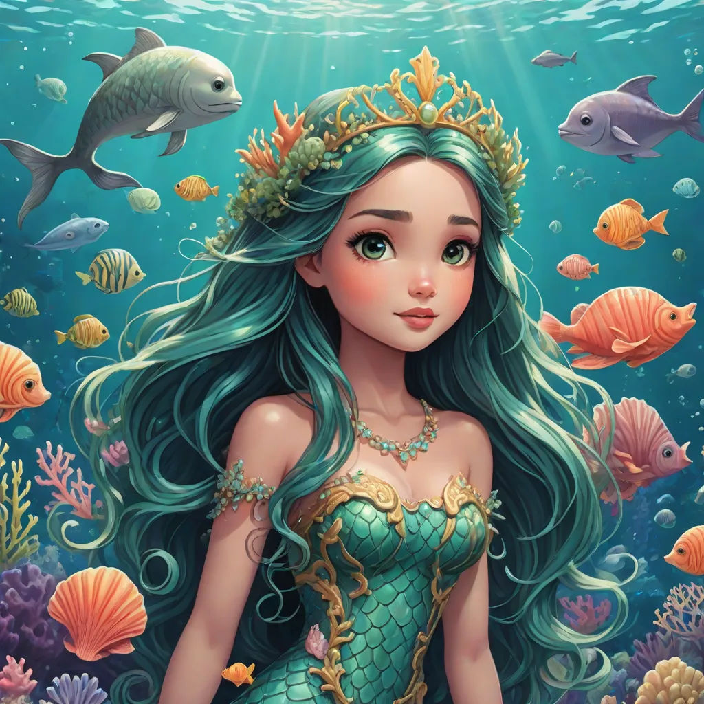 a mermaid with long hair and a crown on her head is standing in the water surrounded by fish and corals, Anna Dittmann, fantasy art, a detailed painting, highly detailed digital painting