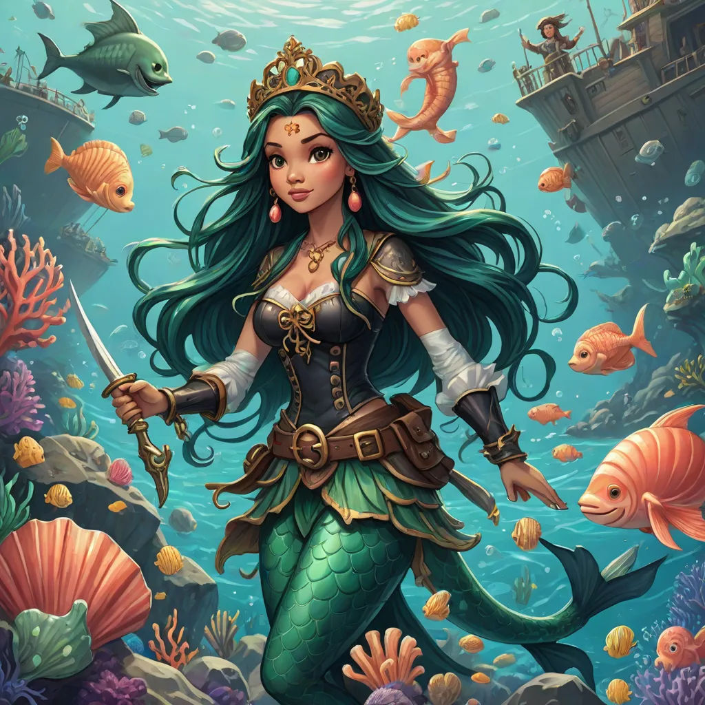 a beautiful mermaid holding a sword in a sea with fish and corals around her, and a ship in the background, Art of Brom, fantasy art, a storybook illustration, league of legends splash art