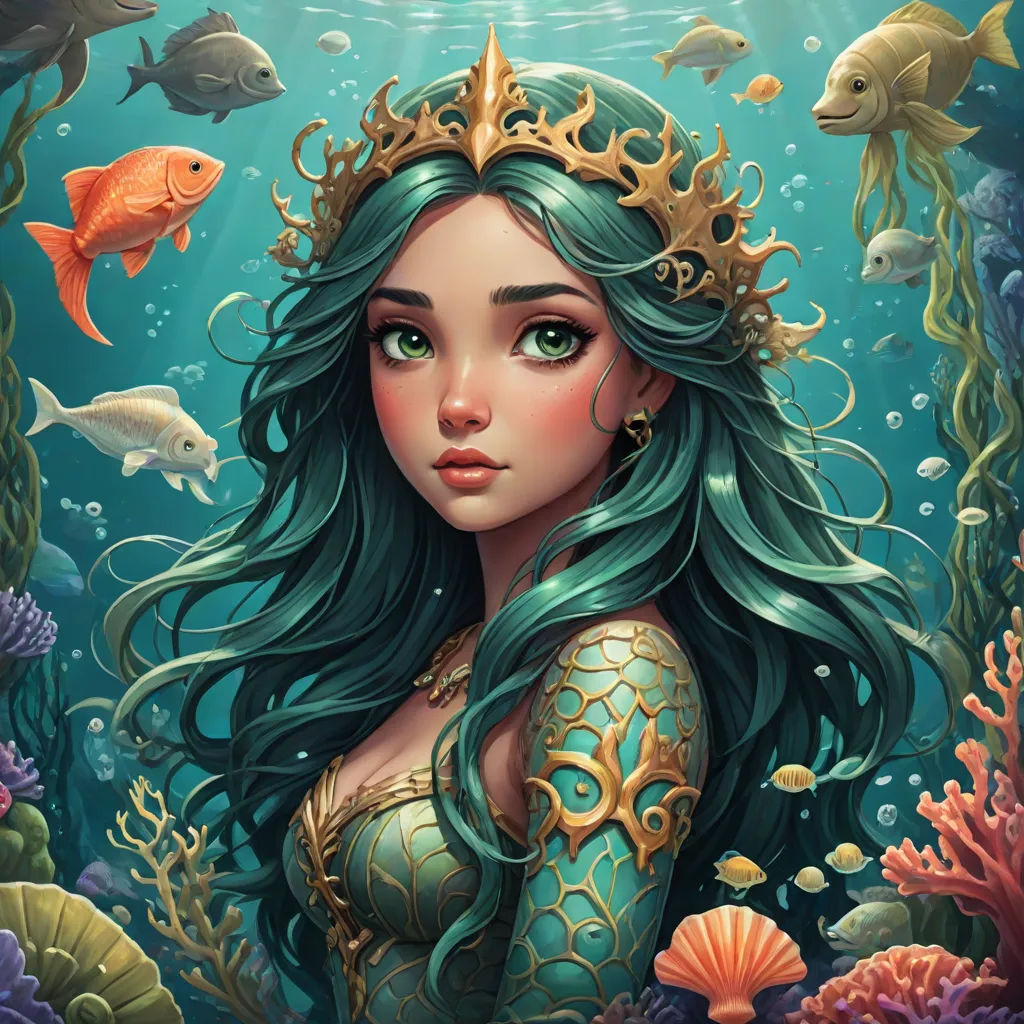 a beautiful mermaid with green hair and a crown on her head is surrounded by fish and corals in the ocean, Anna Dittmann, fantasy art, a detailed painting, highly detailed digital painting