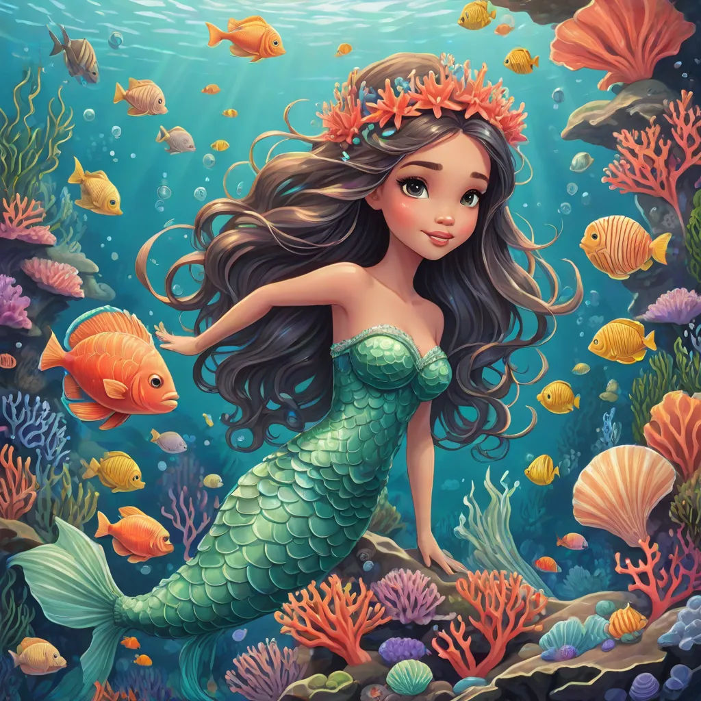 a mermaid with long hair and a crown on her head is standing in the water surrounded by fish and corals, Anne Stokes, pop surrealism, a storybook illustration, highly detailed digital painting