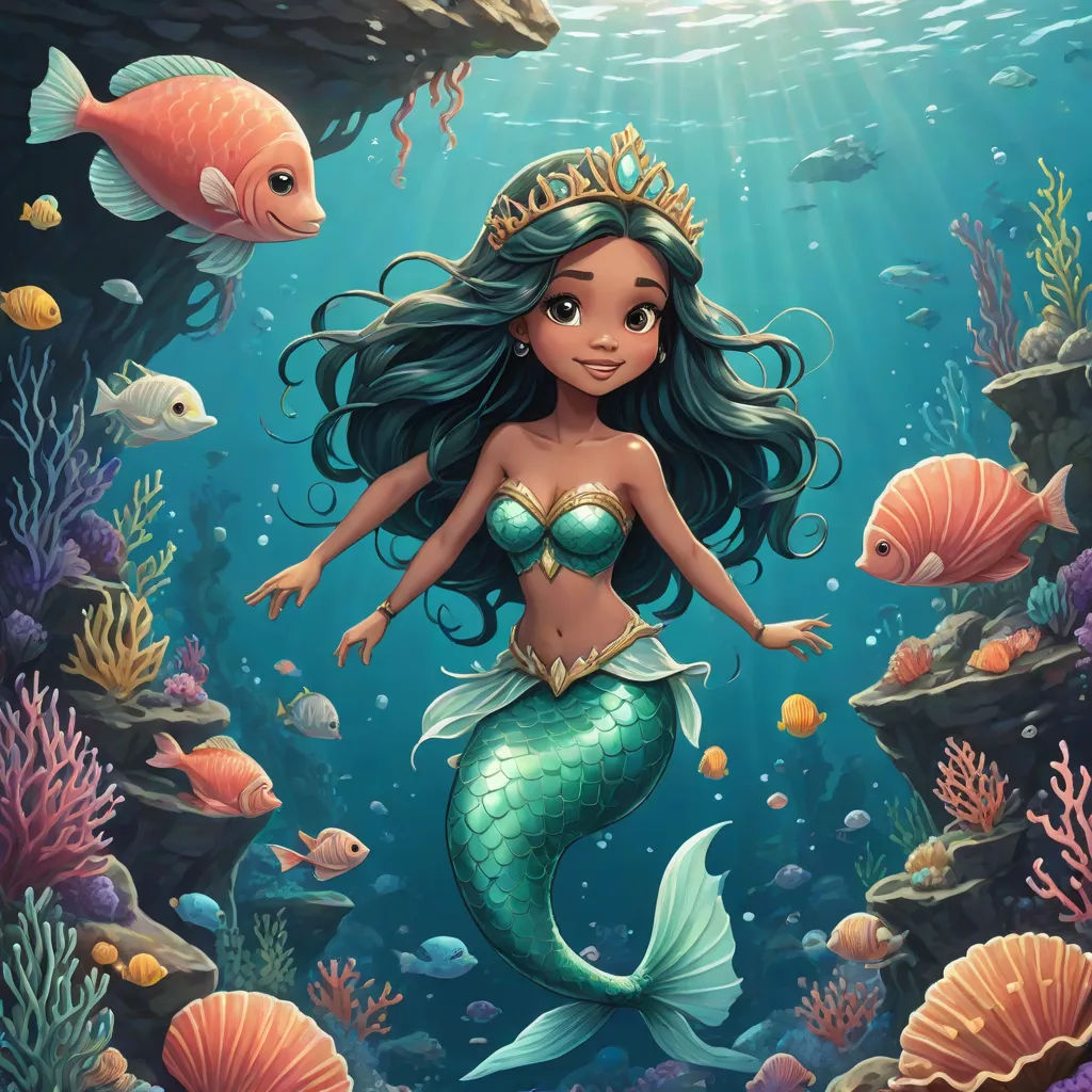 a mermaid with a crown on her head and a fish in the water behind her is a fish and coral, Cliff Childs, fantasy art, a storybook illustration, kinkade