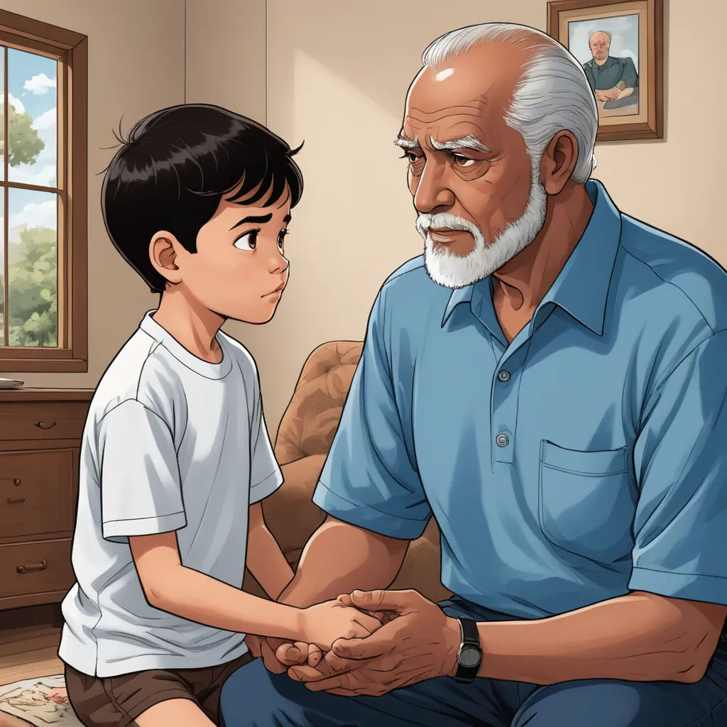 a man and a boy sitting on a couch in a room with a window and a rug on the floor, sots art, a comic book panel, Adam Manyoki, official art