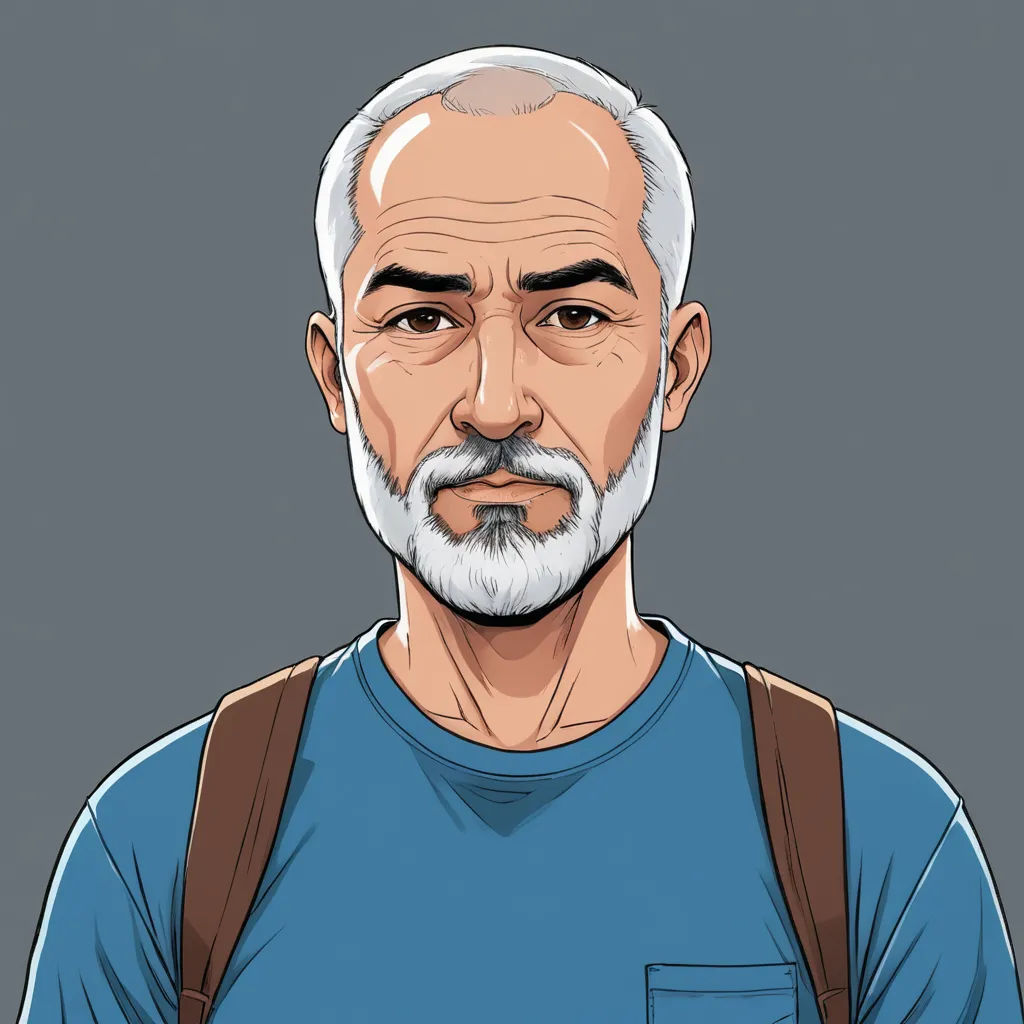 a man with a beard and a blue shirt is looking at the camera with a serious look on his face, serial art, a character portrait, Ahmed Yacoubi, character portrait