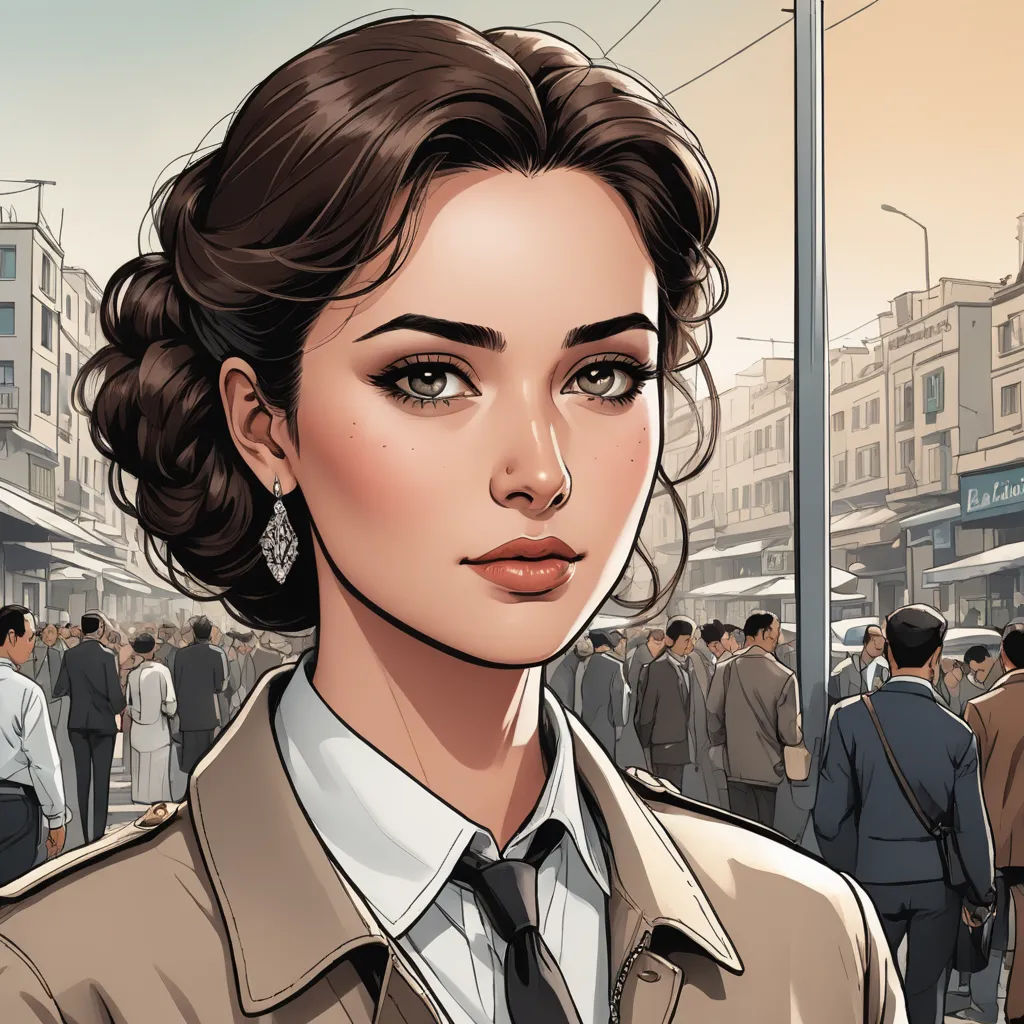 a woman in a suit and tie standing in front of a crowd of people on a city street with buildings, serial art, a comic book panel, Constance Gordon-Cumming, comic cover art
