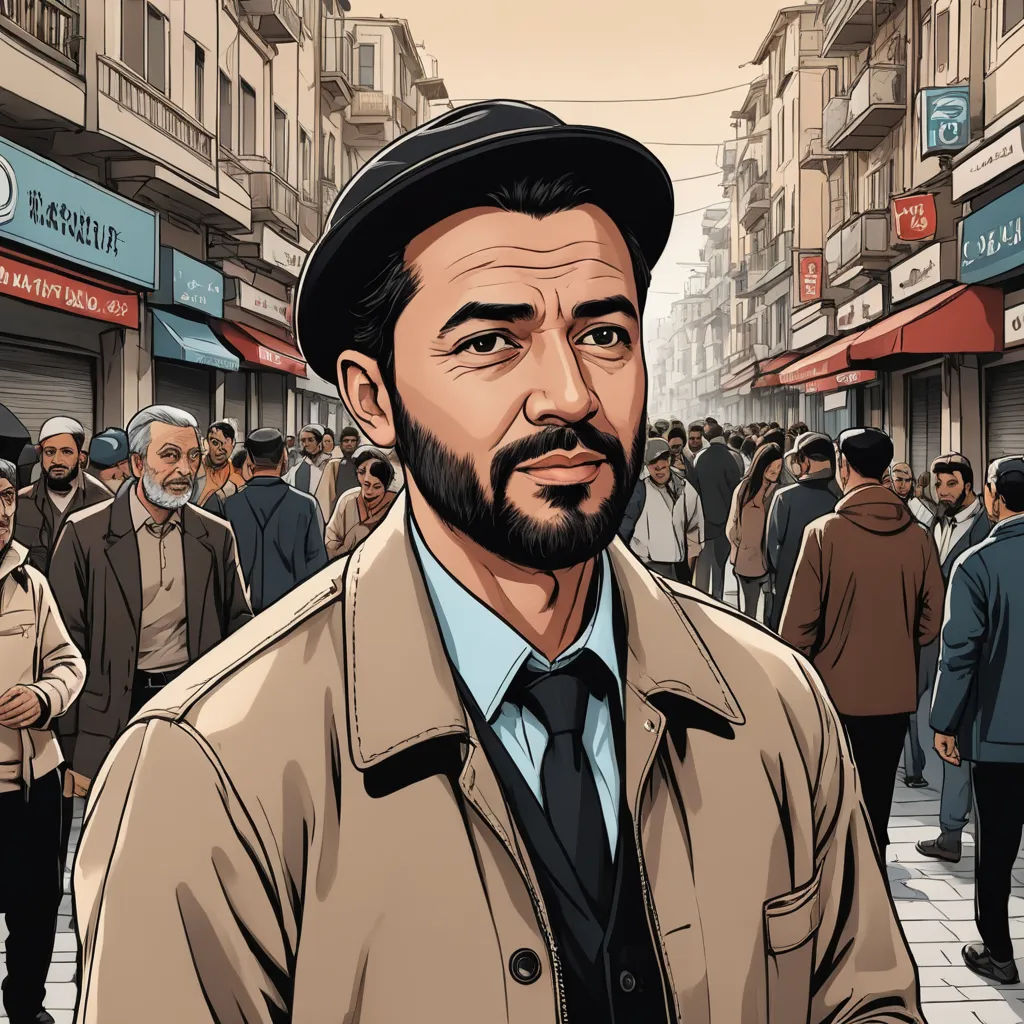 a man in a hat and coat standing in front of a crowd of people on a city street with stores, serial art, a character portrait, Amir Zand, graphic novel