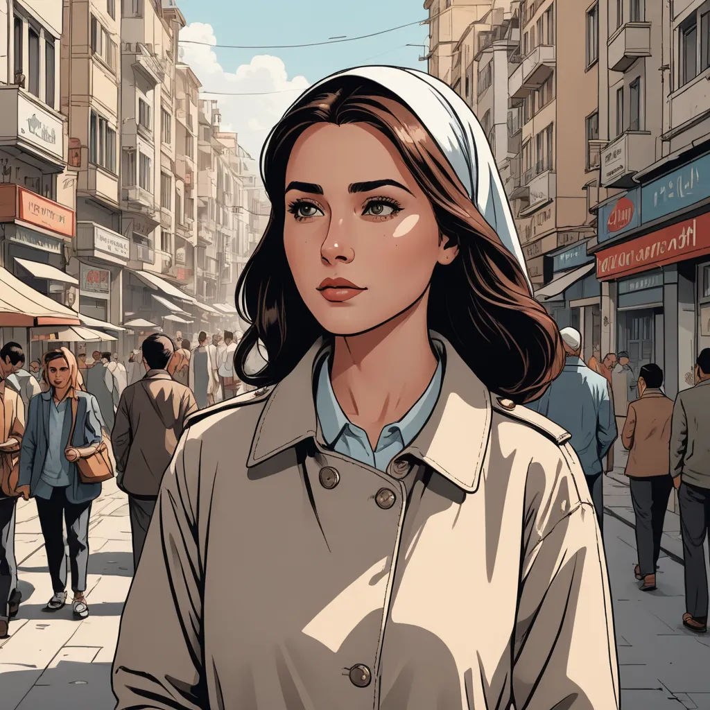 a woman in a trench coat is standing on a busy street with people walking by and buildings in the background, serial art, a comic book panel, Atey Ghailan, high detail illustration