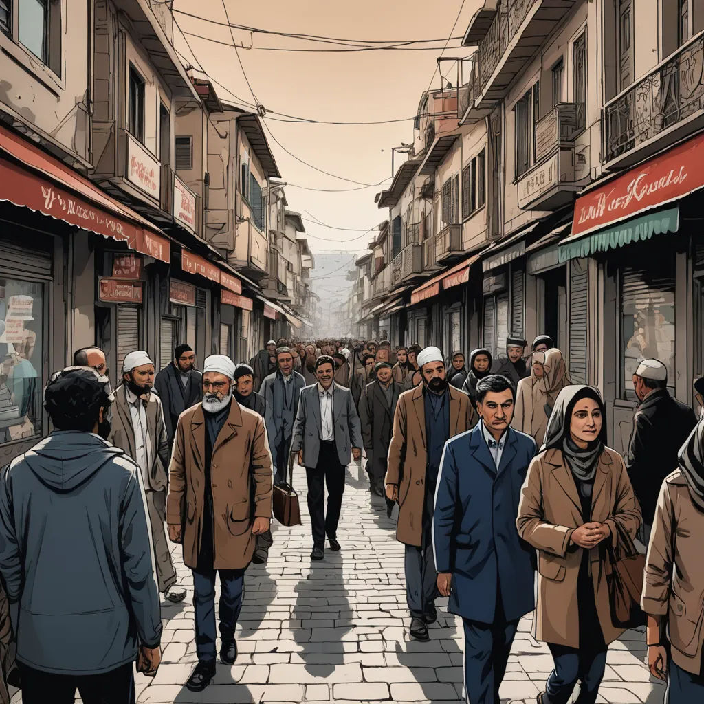 a group of people walking down a street next to tall buildings and shops on either side of a sidewalk, les automatistes, a comic book panel, Amir Zand, graphic novel